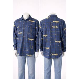 Wrangler Rodeo All Over Logo Western Shirt Men’s Large Blue Yellow Snap ranch
